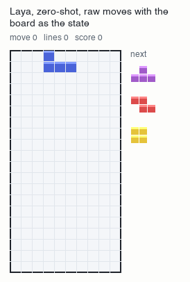 A Tetris game in which the untuned model chooses raw moves such as rotate and move down.