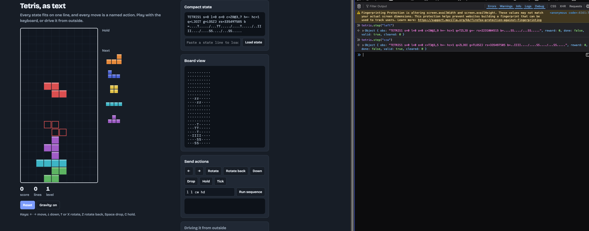 A Tetris game playable with text input